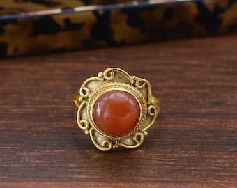 Carnelian Gemstone Gold Ring: Antique Floral Boho Brass Ring