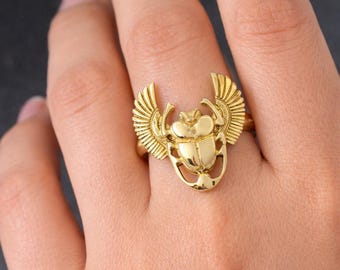 Egyptian Scarab Beetle Ring, Winged Scarab Brass Ring, Gold Tone Statement Jewelry, Ancient Egypt Inspired Boho Ring, Unique Gift for Women
