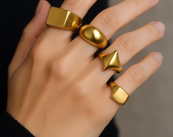 Chunky Gold Brass Ring Set | Bold Geometric Rings | Handmade Statement Rings | Vintage-Style Boho Jewelry | Unique Gift for Her