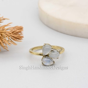Handmade Brass Triple Moonstone Ring: Boho Gold Plated Gemstone