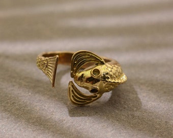 Gold Fish Adjustable Ring, Koi Fish Statement Ring, Unisex Animal Ring, Boho Ocean Jewelry, Unique Handmade Gift for Men & Women, Valentine