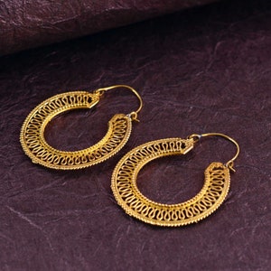 Boho Tribal Hoop Earrings; Ethnic, Mandala minimalist Creoles, huggie curls, gold creoles, women's gift, boho rings, boho earrings