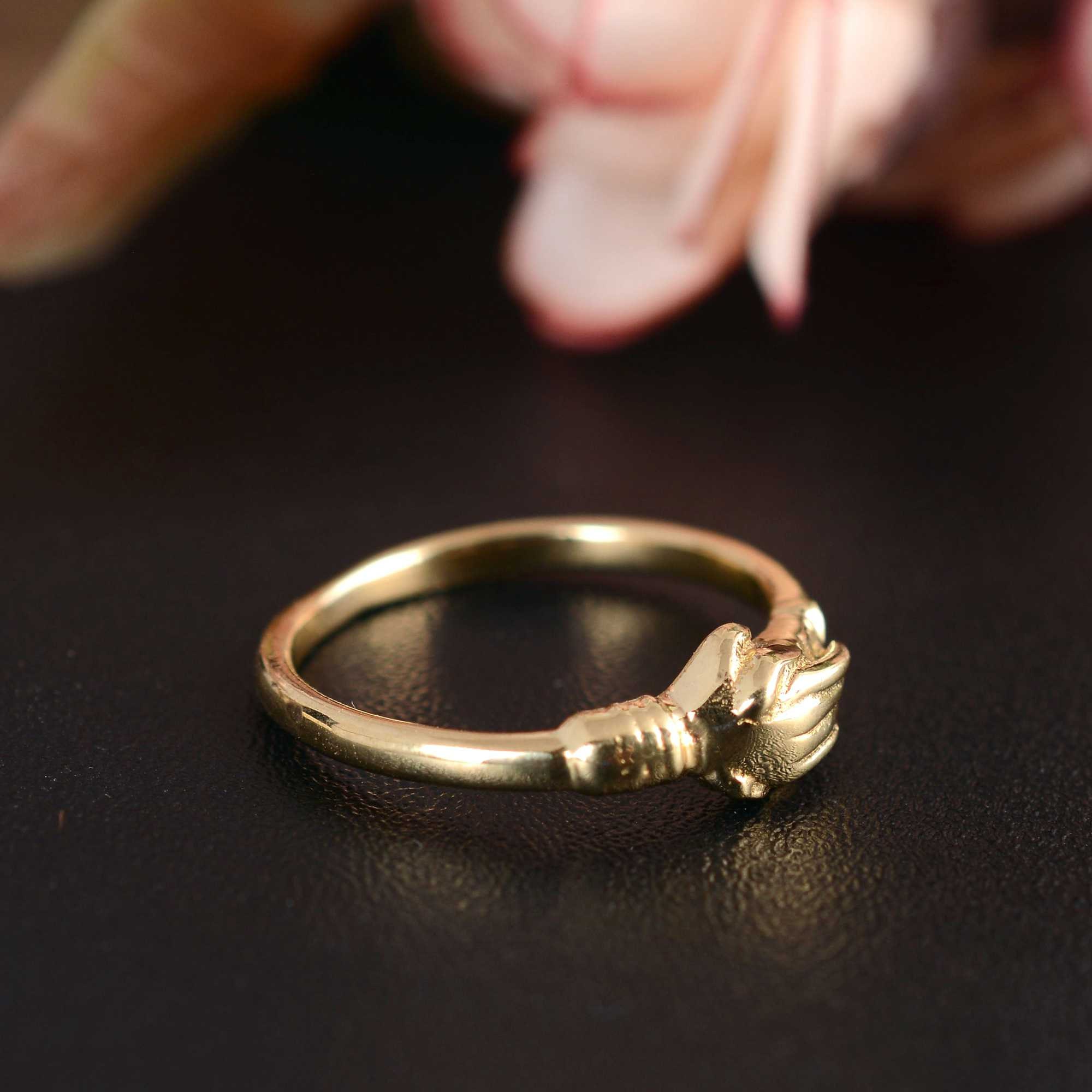 Brass Protective Hands Ring, Fede Claddagh Band, Antique