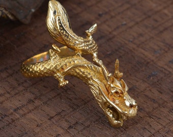 Gold Drachen Wickelring, verstellbarer chinesischer Drache Statement Ring, Fabelwesen Schmuck für Männer und Frauen, handgemachter Schmuck