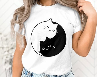 Yin Yang Cats T-Shirt, Cute Cat Lover Tee, Graphic Black and White Cat Shirt, Unisex Cat T-Shirt, Aesthetic Feline Top Gift