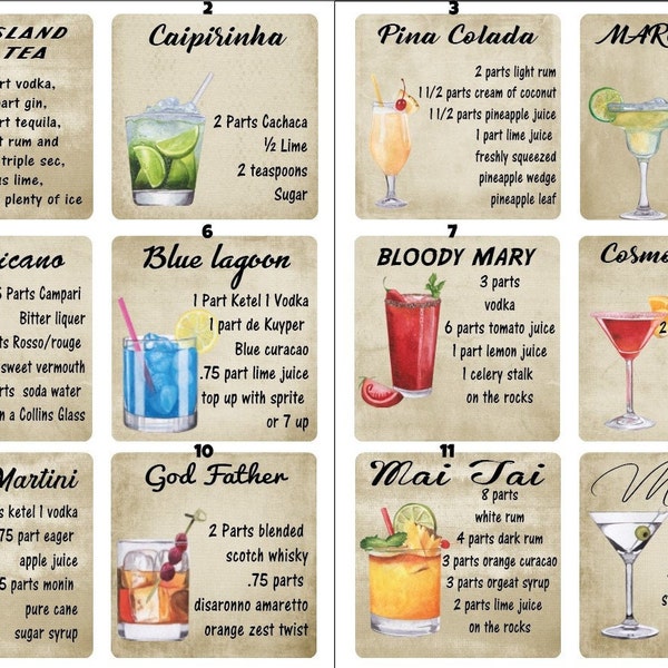 Cocktail Recipe Coasters - Customised Coasters, Great Family Gift  New stock Just arrived!!