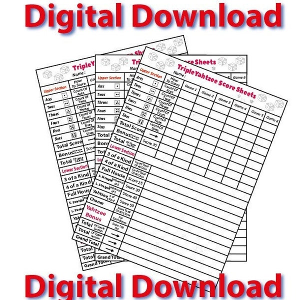 Yahtzee score card - Yahtzee Scoresheet - Yahtzee Score Sheets - Printable file - PDF Download 8.5x11