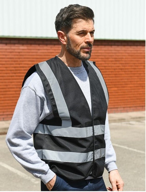 Personalised Black Hi Vis Vest Custom Printed - High Visibility Adult Safety Waistcoat