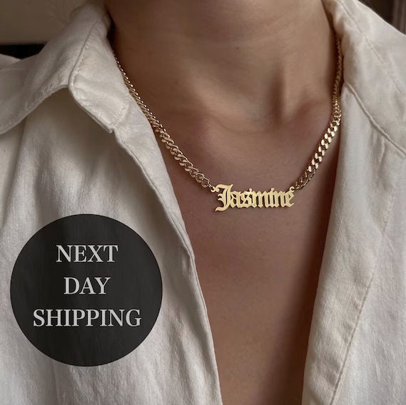14k Yellow Gold Miami Cuban Link Personalized Large Old English Nameplate  Necklace