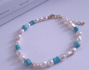 Turquoise Gemstone Bracelet | Freshwater Pearls Bracelet with stone | Gold Turquoise Beaded Bracelet | Dainty Natural Stone Bracelet
