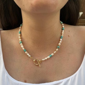 Turquoise Gemstone Necklace | Freshwater Pearls Choker with Stone | Gold Turquoise Beaded Necklace | Dainty Natural Stone Necklace