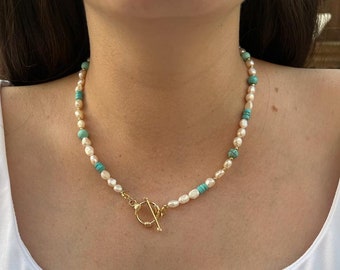 Necklace Turquoise Gemstone  with Freshwater Pearl Choker