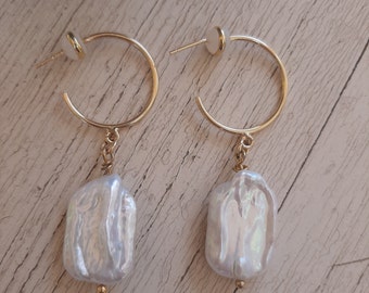 Hoop Drop Earrings with Freshwater Pearls