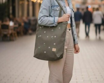 Handmade Reversible Cotton Tote Bag, Embroidered Floral Design