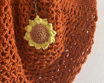 Handmade Crochet Market Bag - Orange Cotton Tote with Sunflower Keychain
