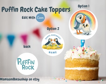 May include: A cake with white frosting and colorful sprinkles, topped with a Puffin Rock cake topper. The topper features a cartoon puffin and a rainbow. Text on the topper reads "Happy Birthday!" and "Name".