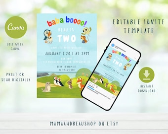 May include: A digital invitation template for a second birthday party. The design features cartoon animals, the text "Beau is Two," and party details. The invitation is shown on a phone screen and as a printed card.