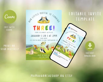 May include: A digital invitation template with a colorful design featuring puffins and other animals. The invitation says "Our Little Puffin is Turning Three!" and includes event details. A phone displays a similar invitation for "Four!"