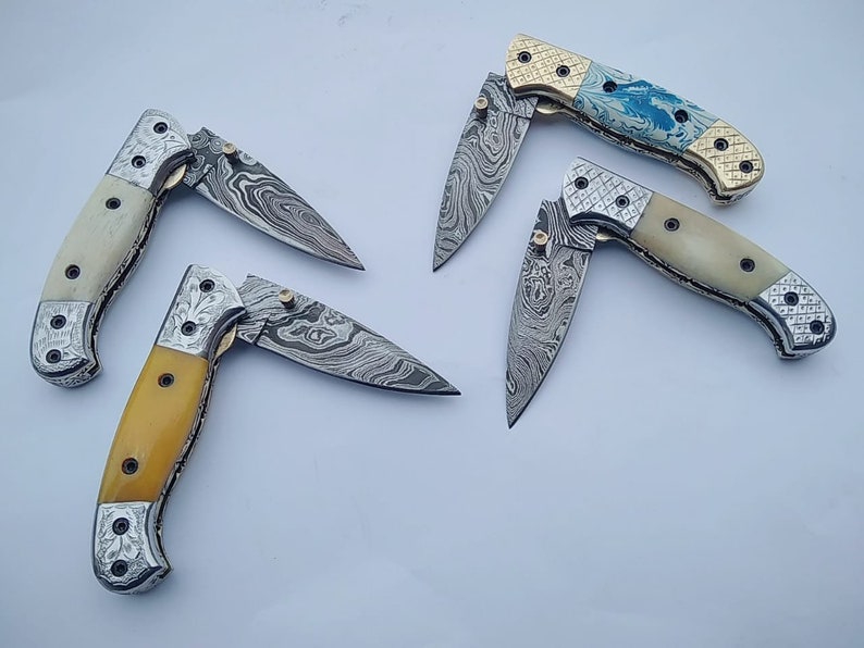 Custom Hand made Damascus Pocket Folding knives With sheaths