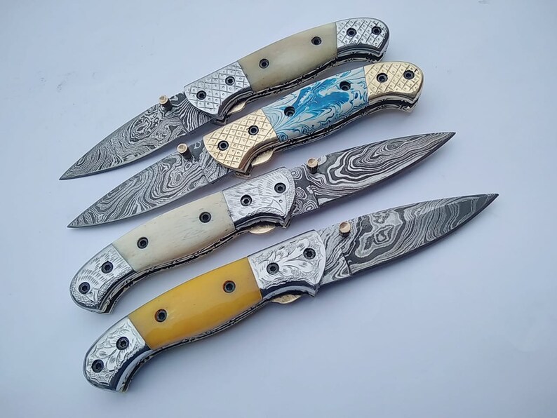 Custom Hand made Damascus Pocket Folding knives With sheaths