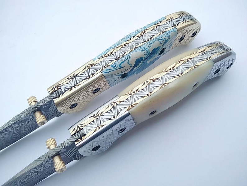 Custom Hand made Damascus Pocket Folding knives With sheaths