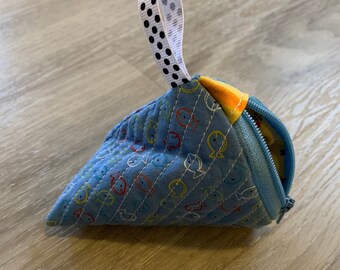 Quilted Pyramid Coin Purse - Blue with Fish