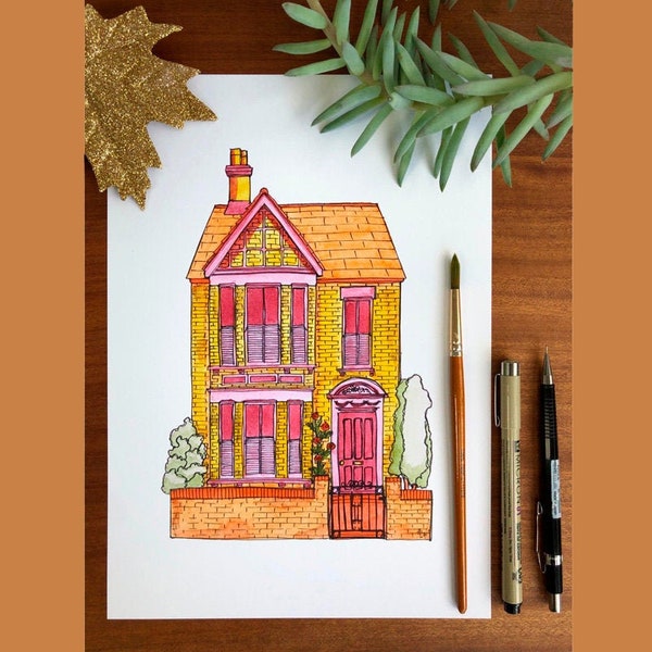 Bright Victorian House | Individually signed print of an original watercolour and ink pen illustration