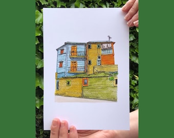 Dom La Boca, Buenos Aires | Indywidualnie podpisany wydruk oryginalnej ilustracji akwarelowej wykonanej piórem atramentowym