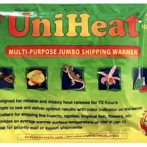 May include: A green and clear UniHeat multi-purpose jumbo shipping warmer. The packaging features the text "UniHeat" in orange, with "NEW!" in a red starburst. It includes illustrations of a grasshopper, fish, lizard, flower, and beakers. The warmer provides 72+ hours of warmth.