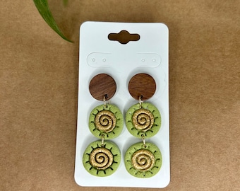 Clay earrings| Circle spiral earrings| Green earrings| Handmade Lightweight| Wooden earrings| Stainless steel |Boho| Mustard Color earrings.