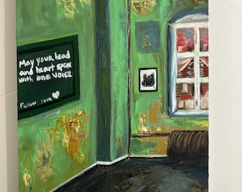 Green Room Oil Painting – Cozy Interior Art, 8x10 Wood Panel
