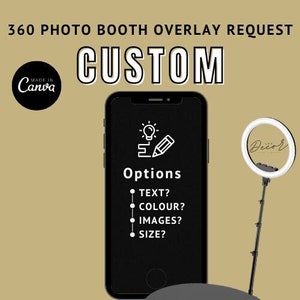 May include: A black smartphone screen with the text "Options" and a list of customization options: "Text?", "Colour?", "Images?", "Size?"  A white light bulb and pencil icon are above the text. A ring light with the word "Decor" is in the background.