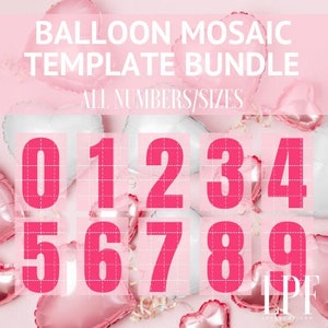 May include: A set of ten pink balloon mosaic templates featuring the numbers 0 through 9. The templates are designed for use with balloons to create a balloon mosaic.