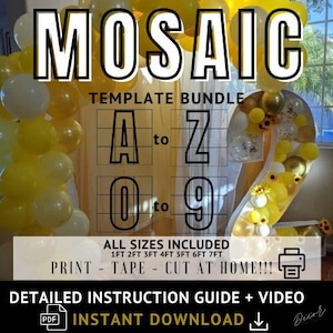 May include: A digital download template bundle for creating balloon mosaic letters and numbers. The bundle includes templates for letters A to Z and numbers 0 to 9. All sizes from 1 foot to 7 feet are included. The image shows a balloon mosaic number 2.