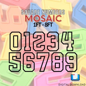 May include: A digital download of square number stencils for creating a mosaic. The numbers 0-9 are shown in black outline on a white background. The numbers are 1 foot to 8 feet in size.