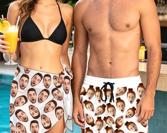 Custom Face Beach Sarong, Personalized Face Swim Trunks, Couple Swimwear, Bachelorette Party
