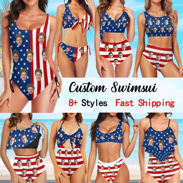 American Flag Design Swimsuit With Face, Custom Bachelorette Swimsuit, Personalized One/Two Piece Swimwear, Swimsuit With Image, Party Gift