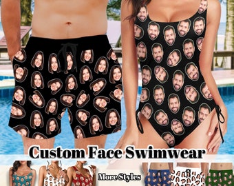 Custom Couple Swimsuit Face Swim Trunks, Match Couple Swimwear, Personalized Men Swimwear, Personalized Face Bathing Suit, Bachelor Party