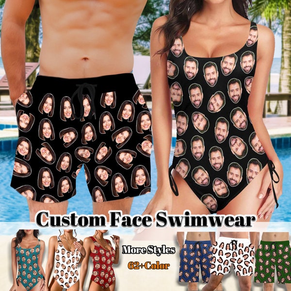 Custom Couple Swimsuit Face Swim Trunks, Match Couple Swimwear, Personalized Men Swimwear, Personalized Face Bathing Suit, Bachelor Party