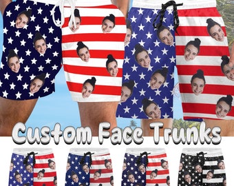 American Flag Face Swim Trunks, Custom Photo Beach Shorts, Custom Face Men's Beach Swim Shorts, Face Bathing Suit, Independence Day