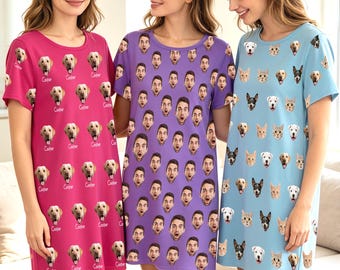 Custom Face Pajama Dress, Personalized Pet Photo Sleepshirt, Bachelorette Party Nightgown
