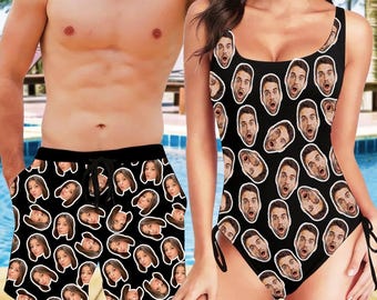 Custom Face Swimsuit & Trunks: Personalized Couple's Bathing Suit, Bachelorette Party