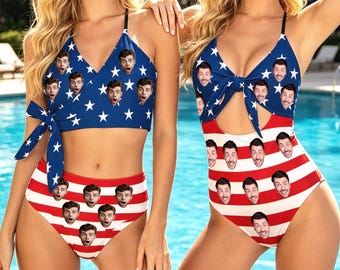 Personalized Face Swimsuit, Custom Photo American Flag Bikini, Bachelorette Party Bathing Suit, Couple Swimwear