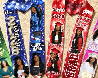 Custom Photo Graduation Stole, Personalized Name Text on Sash, Class of 2026 Sash