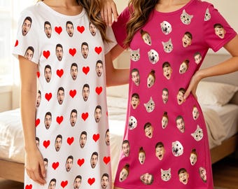 Custom Face Pajama Dress, Personalized Photo Sleepshirt, Dog Face Sleepwear, Nightgown for Mom Wife
