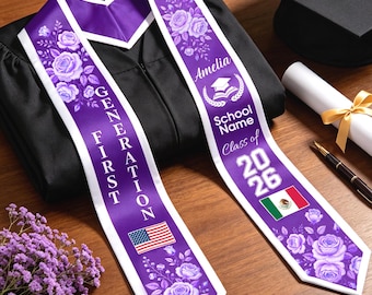 Custom First Generation Graduation Stole, Personalized Sash with Name/Flag, 2026 Grad Sash