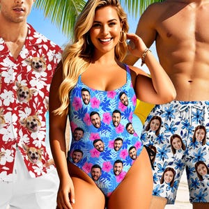 Custom Face Swimsuit & Hawaiian Shirt: Personalized Beach Party Outfit