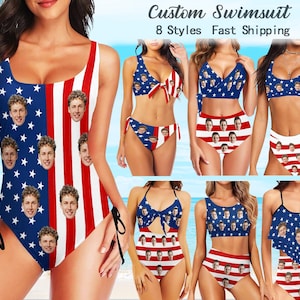 Custom Face Swimsuit: American Flag Personalized Swimwear