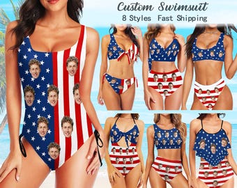 Custom Face Swimsuit American Flag, Swimsuit With Face, Personalized One-Piece Swimwear, Face Bikini Set, Bachelorette Party Gifts for Her