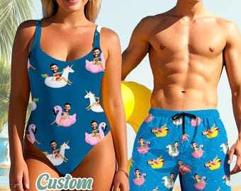 Personalized Face Swimsuit for Women Men,Custom Face Swim Trunks Couple Matching,Family Swimsuit with Face,Couple Swimwear, Beach Party Gift